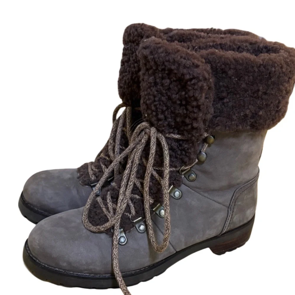 UGG Australia Brown Fraser Stout Shearling Combat Leather Lace-Up Winter Boots 7